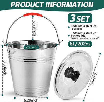 OBTANIM 3 Pack 6L Stainless Steel Metal Ice Buckets Champagne Drink Cooler Storage Ice Pails with Handle and Lid for Party Favors Organizing Home Parties Bar Cooling Supplies