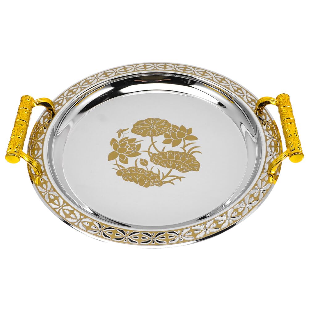 Golden Fruit Serving Tray Round Decorative Tray for Snacks Candy Nuts Dried Fruit Home Kitchen Dining Table Storage Plate European Style Centerpiece 13.18 X 13.18 X 1.57 in