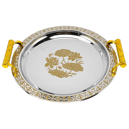 Golden Fruit Serving Tray Round Decorative Tray for Snacks Candy Nuts Dried Fruit Home Kitchen Dining Table Storage Plate European Style Centerpiece 13.18 X 13.18 X 1.57 in