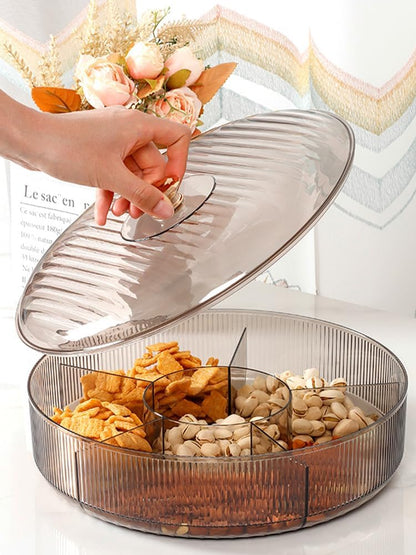 Divided Clear Snack Serving Tray with Lid, 6 Compartments Round Plastic Food Storage Organizer for Fruits, Nuts, Candies, Cookies, Snackle Box for Kitchen, Party and Picnic(Grey)