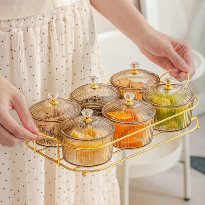Plastic Snackle Box Container Snack Organizer and Fruit Platter with Lids and Metal Rack Divided Serving Bowl for Nuts Candy Dry Fruits (6 Bowls)