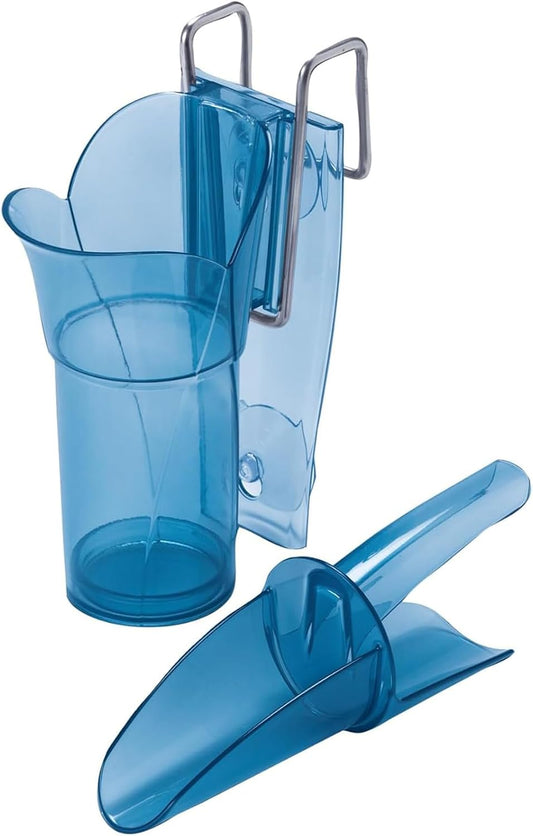 Ergonomic Ice Scoop with Shield and Pouring Chute – Includes Storage Caddy, 6–10 oz Capacity, Blue, for Home and Commercial Use
