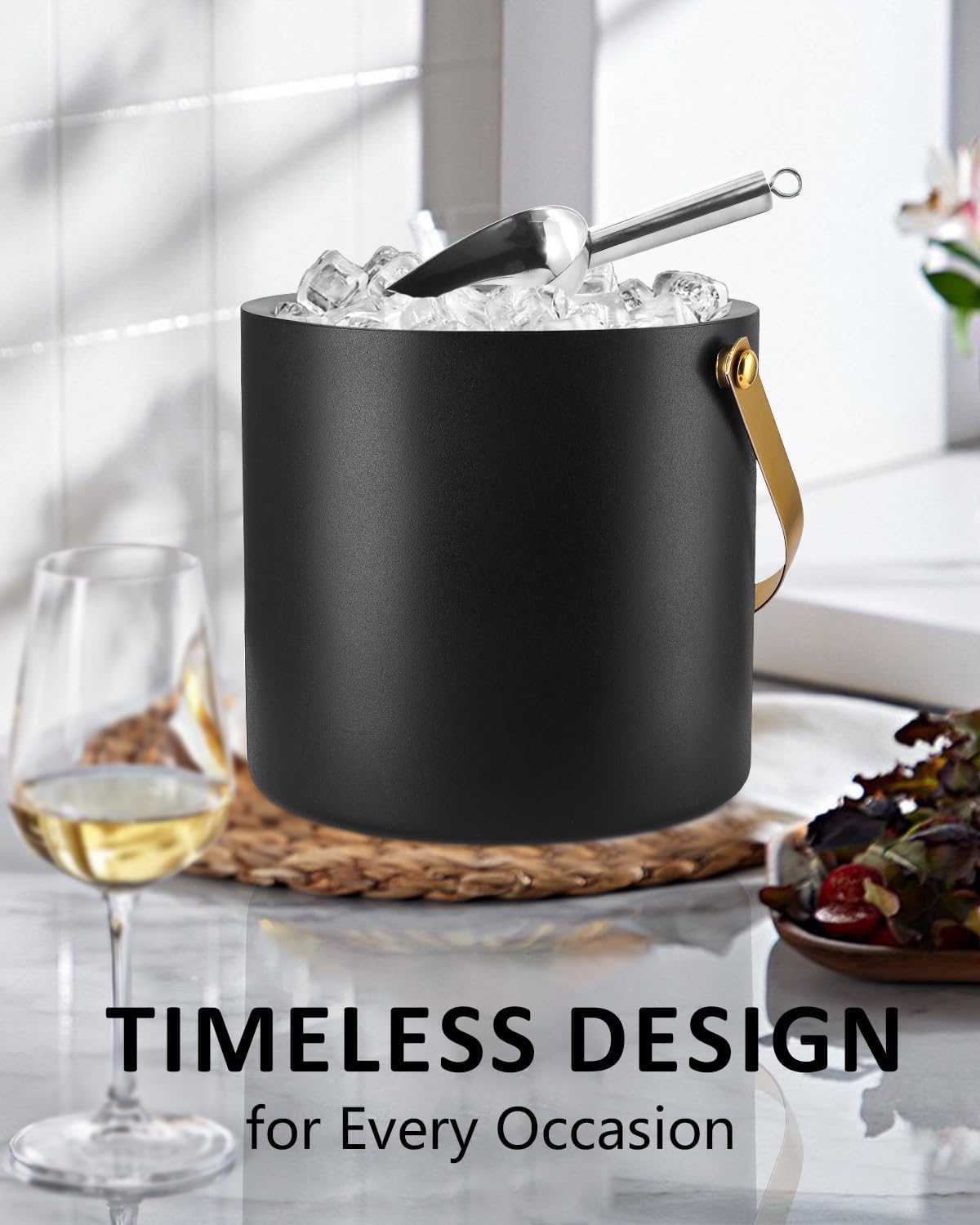Bakpoco 3L Ice Bucket with Silicone Gold Lid, Scoop, Tongs & Strainer, Stainless Steel Double Wall Insulated Ice Buckets for Parties & Cocktail Bar, Outdoor Champagne Ice Container Bin, Black