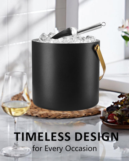 Bakpoco 3L Ice Bucket with Silicone Gold Lid, Scoop, Tongs & Strainer, Stainless Steel Double Wall Insulated Ice Buckets for Parties & Cocktail Bar, Outdoor Champagne Ice Container Bin, Black