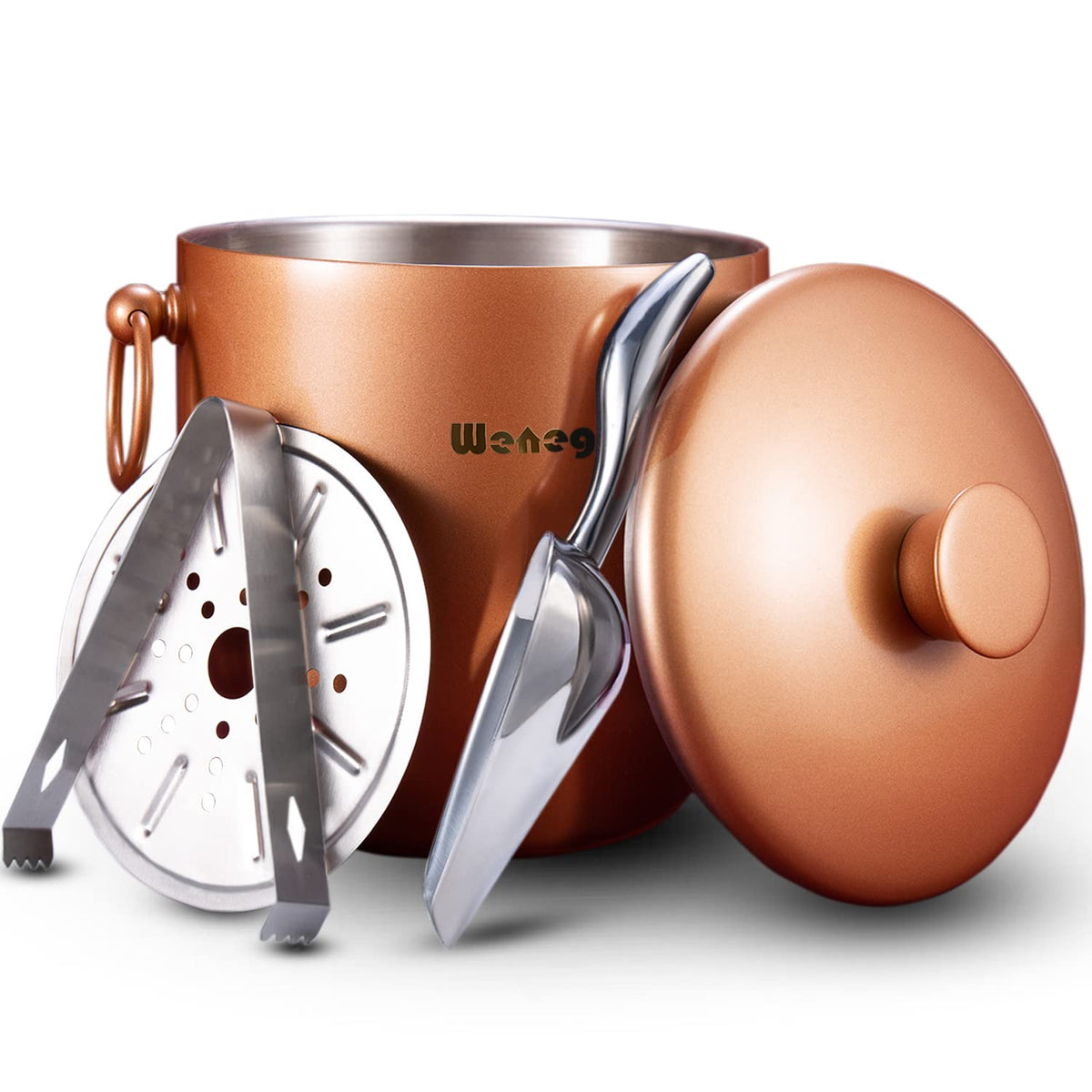 Ice Bucket with Lid, Scoop, Tongs and Strainer - Well Made Insulated Stainless Steel Keep Ice Frozen Longer - Ideal for Cocktail Bar, Parties, Chilling Wine, Champagne - 3 Liter (Stainless Steel)