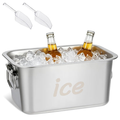 2 Pack Large Strainless Steel Beverage Tub with 2 Ice Scoops, Beer Ice Bucket Drink Cooler Beer Champagne Bucket Drink Chiller Tub Ice Cube Bin for Freezer Cocktails Wine Cooling Mimosa Bar Supplies
