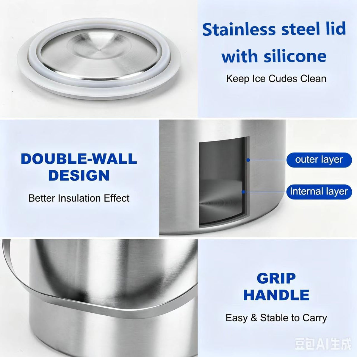 3L Double-Wall Stainless Steel Ice Bucket with Lid,Scoop,Tongs,Handle