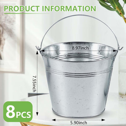 OBTANIM 8 Pack Galvanized Metal Buckets with Handle Ice Pails for Plants, Succulents, Party Favors Organizing, Rustic Home Decor or Classrooms Pencil Storage (9 x 5.9 inch)
