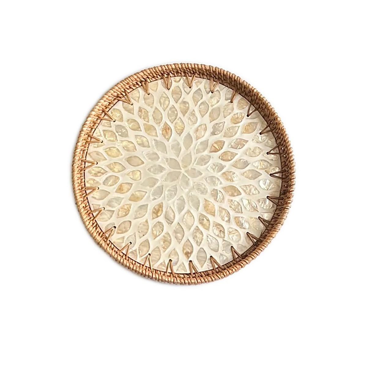 Mother of Pearl Tray Round Rattan Tray with Mother of Pearl Inlay Rattan Serving Tray with Wooden Base, Decorative Wicker Basket for Table Decor Bread Fruits Coffee, Leaf (Blue)