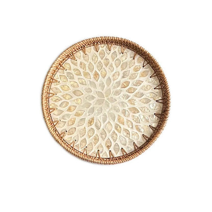 Mother of Pearl Tray Round Rattan Tray with Mother of Pearl Inlay Rattan Serving Tray with Wooden Base, Decorative Wicker Basket for Table Decor Bread Fruits Coffee, Leaf (Blue)