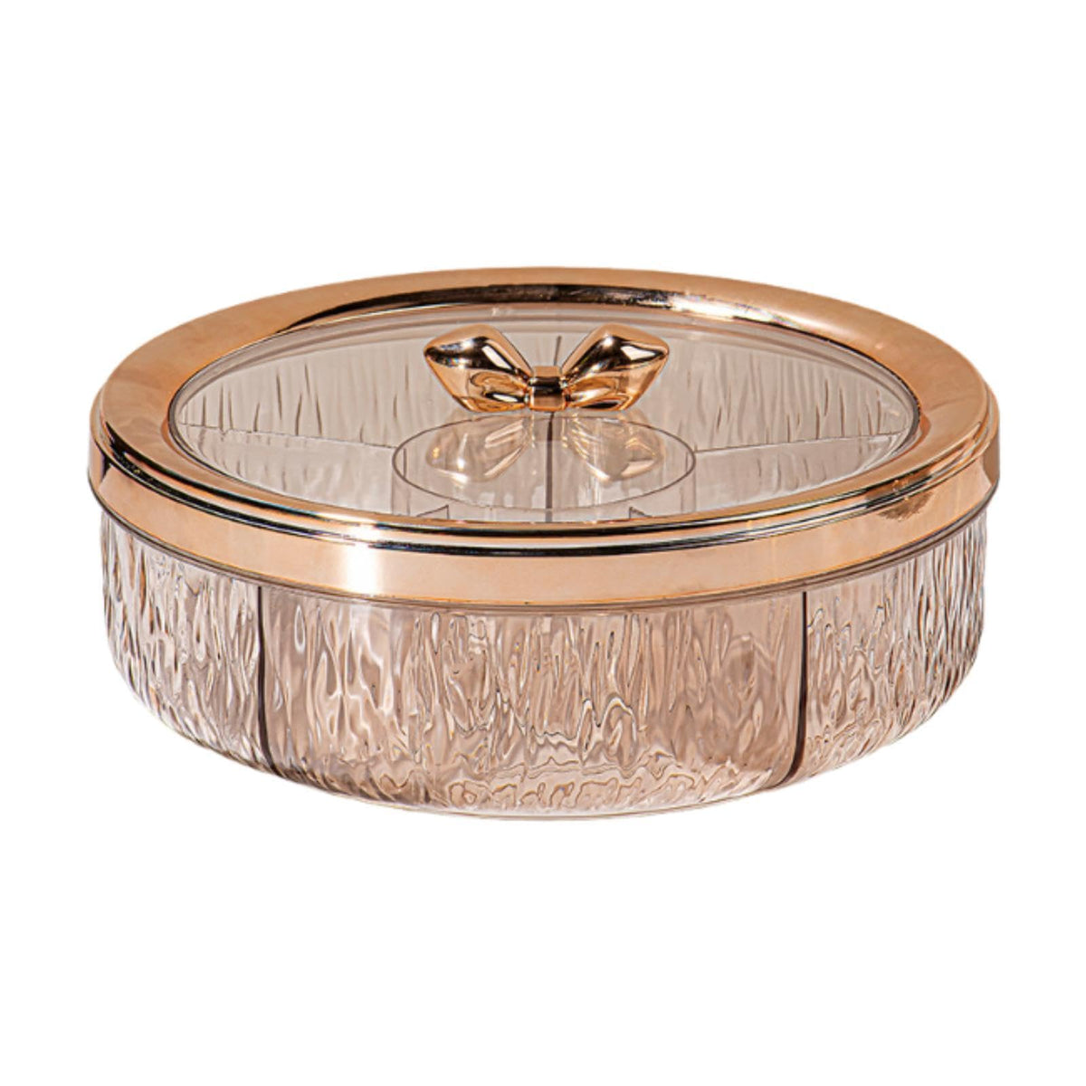 Divided Serving Tray Snack Platter Rotating 6 Compartments Dustproof Nuts Storage Platter Dessert Plate for Home Living Room, golden Bow