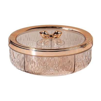 Divided Serving Tray Snack Platter Rotating 6 Compartments Dustproof Nuts Storage Platter Dessert Plate for Home Living Room, golden Bow
