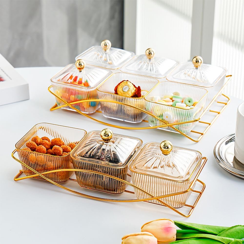 Set of 3 Clear Serving Bowls with Lid and Gold Basket Tray, Removable Nut Serving Platter Snack Box for Chips, Charcuterie, Fruits, Candy and Condiments (Amber-C Base)