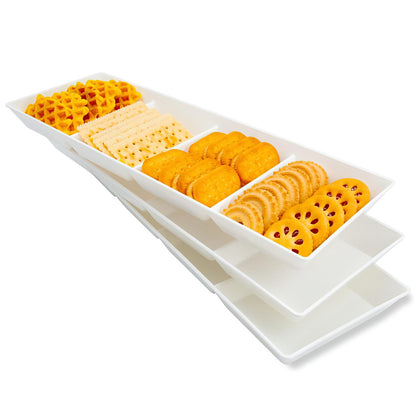 Divided Serving Tray Platter, 4 Pack 15" x 10" Fruit Veggie Food Tray for Party, Plastic Serving Trays for Appetizer, Snack, Dessert, Cookie, Brunch Decorations Platters, White Trays BPA-Free