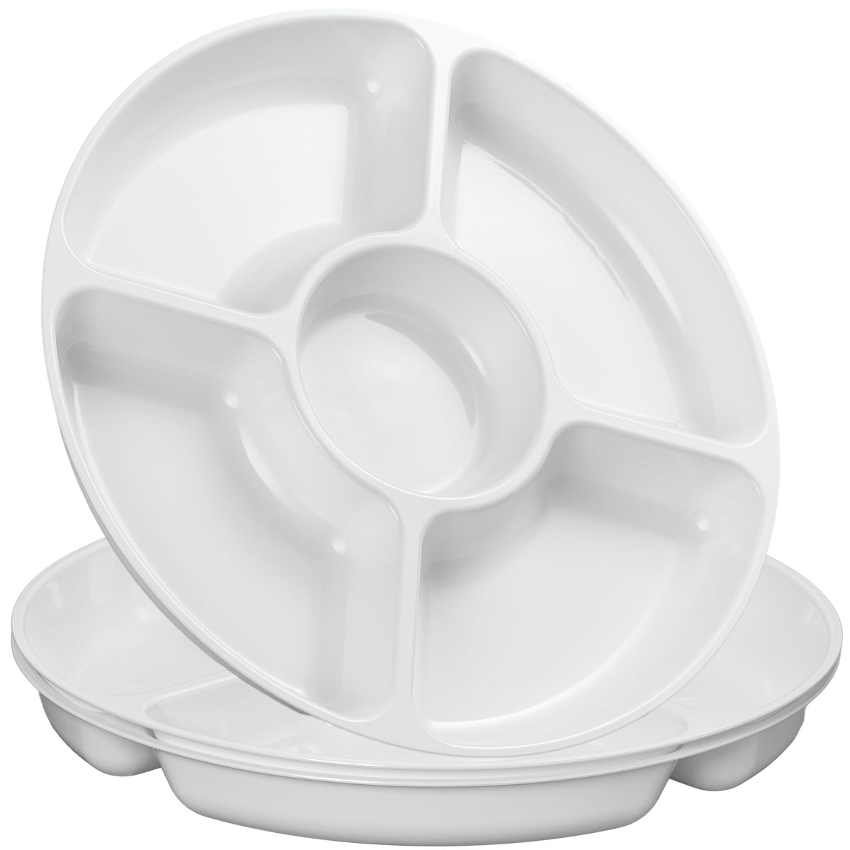 PLASTICPRO 5 Sectional Round Plastic Heavy duty Serving Tray/Platters White With Gold Rim Pack of 2