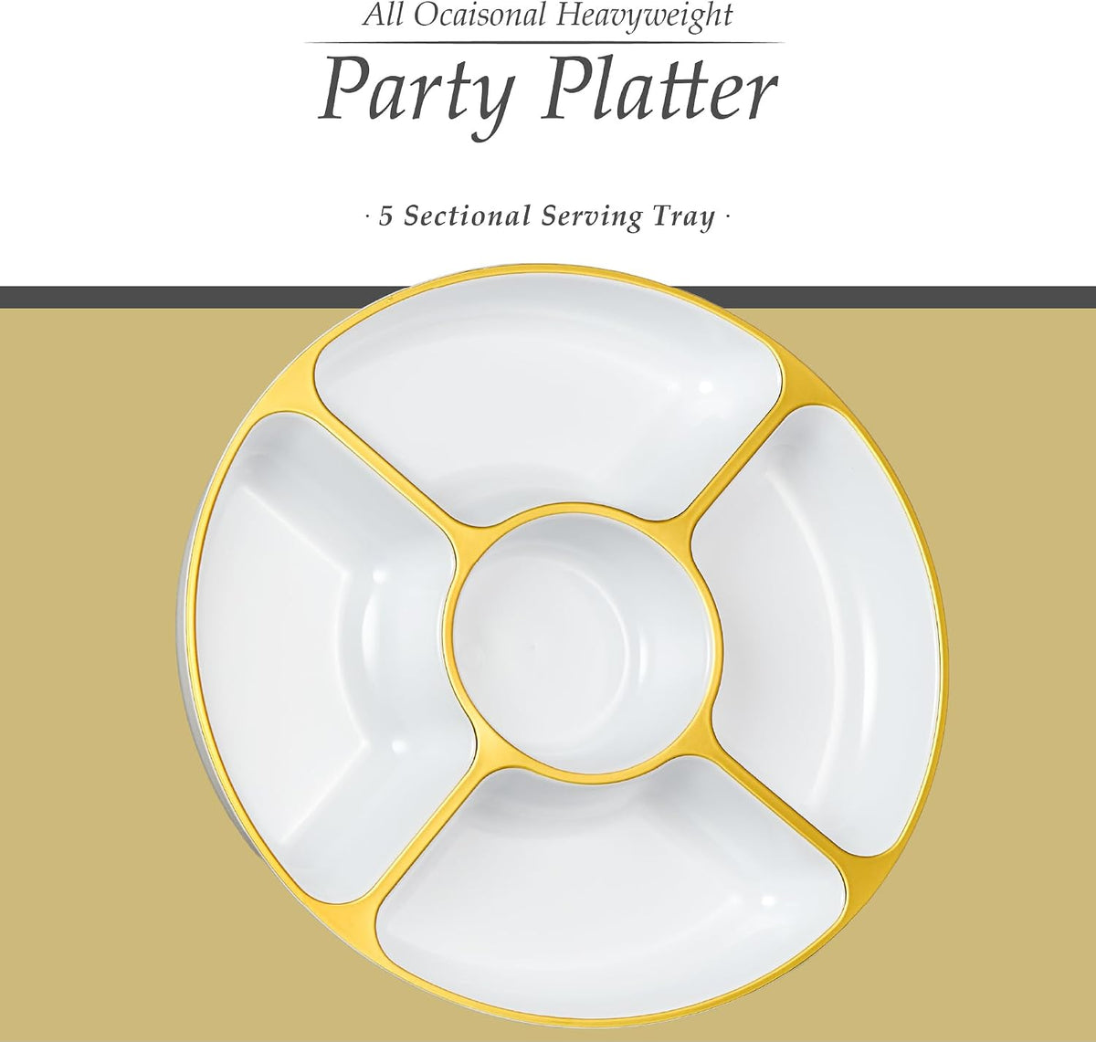 PLASTICPRO 5 Sectional Round Plastic Heavy duty Serving Tray/Platters White With Gold Rim Pack of 2