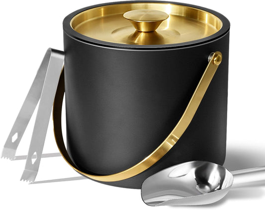 Bakpoco 3L Ice Bucket with Silicone Gold Lid, Scoop, Tongs & Strainer, Stainless Steel Double Wall Insulated Ice Buckets for Parties & Cocktail Bar, Outdoor Champagne Ice Container Bin, Black