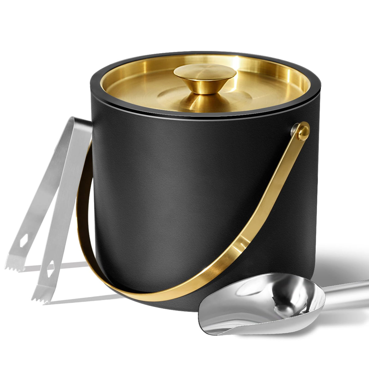 Bakpoco 3L Ice Bucket with Silicone Gold Lid, Scoop, Tongs & Strainer, Stainless Steel Double Wall Insulated Ice Buckets for Parties & Cocktail Bar, Outdoor Champagne Ice Container Bin, Black