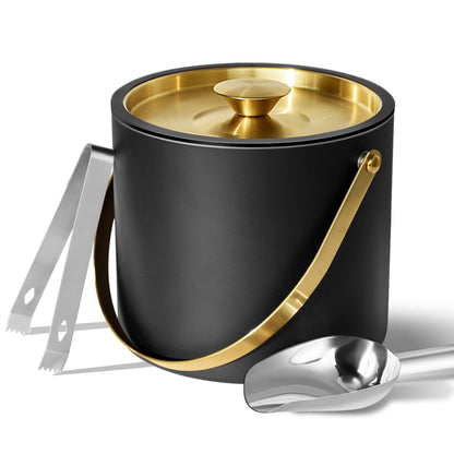 Bakpoco 3L Ice Bucket with Silicone Gold Lid, Scoop, Tongs & Strainer, Stainless Steel Double Wall Insulated Ice Buckets for Parties & Cocktail Bar, Outdoor Champagne Ice Container Bin, Black