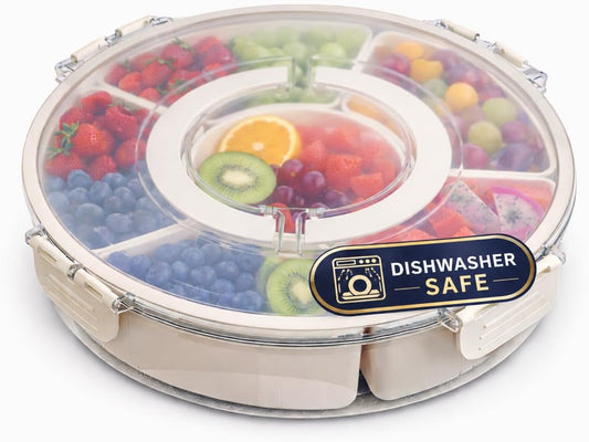 Rotating Divided Serving Tray with Lid, 6-Compartment Snackle Box