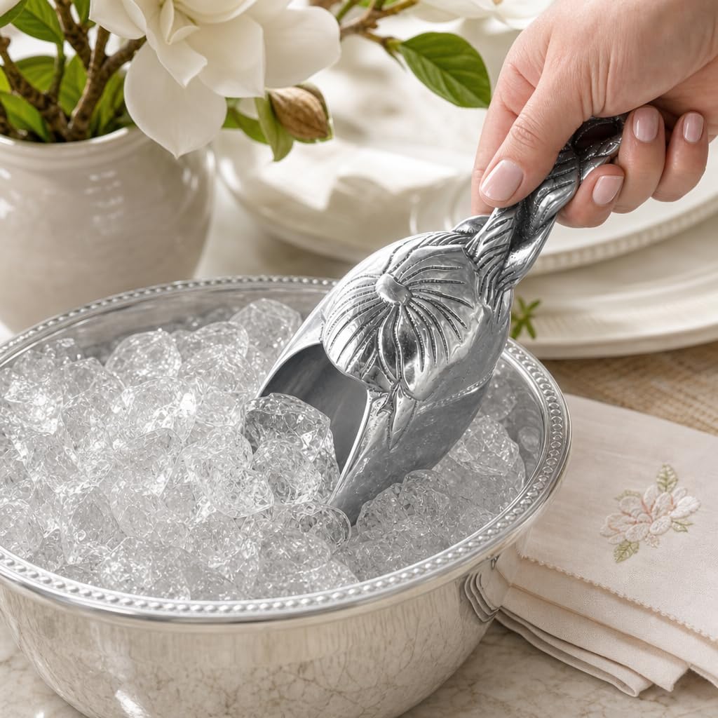 Arthur Court Magnolia Ice Scoop - Premium Sand Casted Aluminum - Elegant Ice Serving Tool - 8" Long