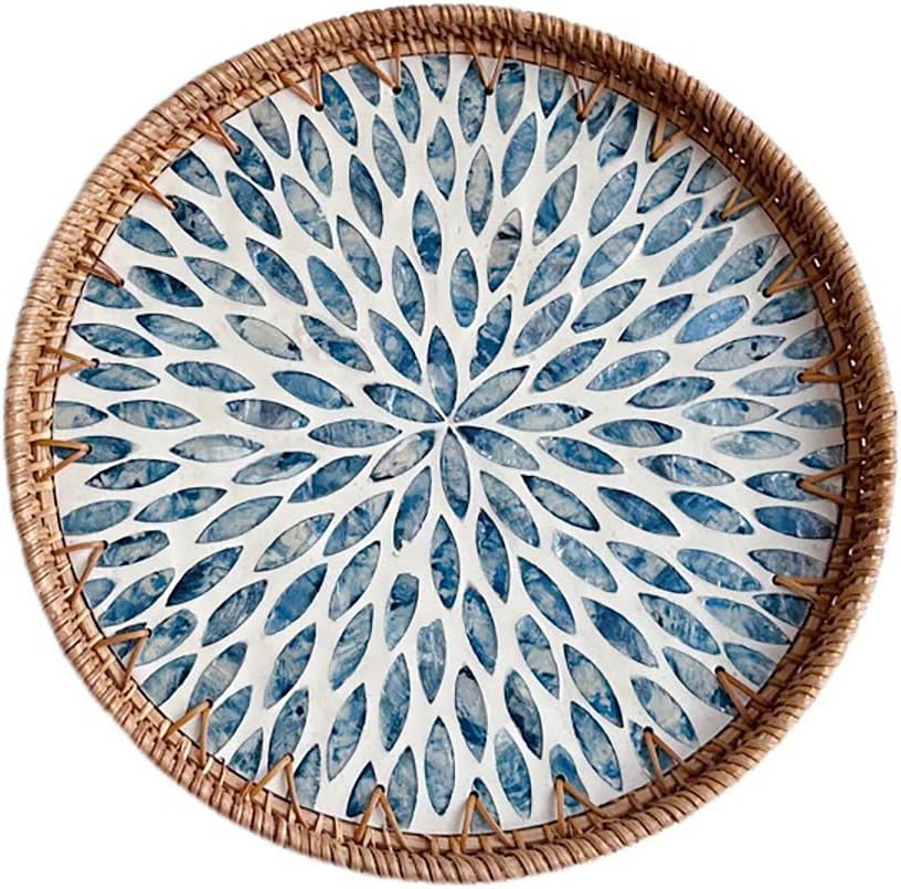 Mother of Pearl Tray Round Rattan Tray with Mother of Pearl Inlay Rattan Serving Tray with Wooden Base, Decorative Wicker Basket for Table Decor Bread Fruits Coffee, Leaf (Blue)