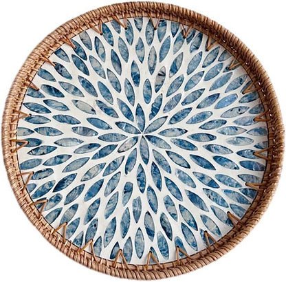 Mother of Pearl Tray Round Rattan Tray with Mother of Pearl Inlay Rattan Serving Tray with Wooden Base, Decorative Wicker Basket for Table Decor Bread Fruits Coffee, Leaf (Blue)