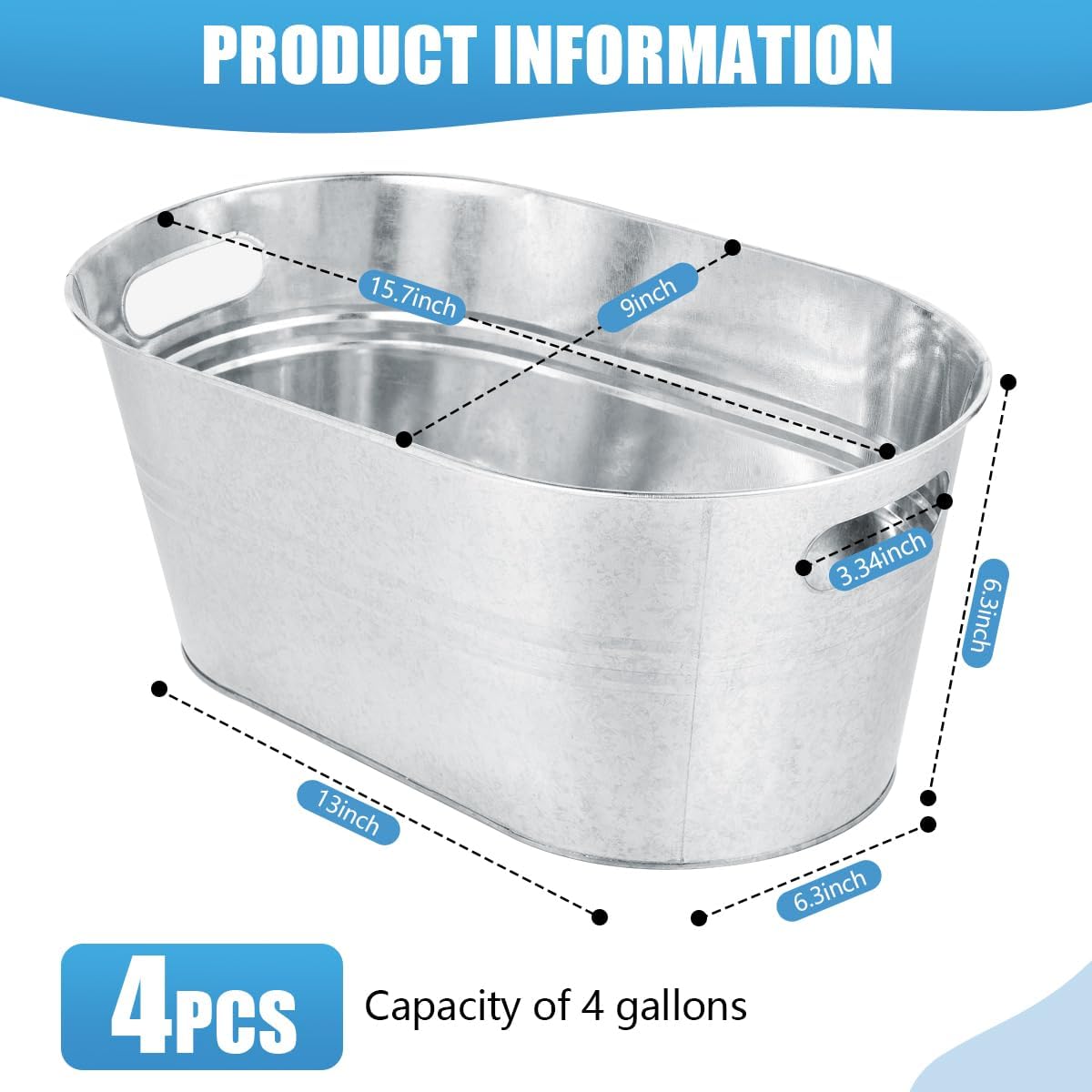 OBTANIM 4 Pack 4 Gallon Galvanized Ice Buckets Metal Champagne Drink Cooler Ice Tub with Carry Handles for Beer Cocktails Wine Beverage Home Parties Bar Cooling Supplies (Silvery)