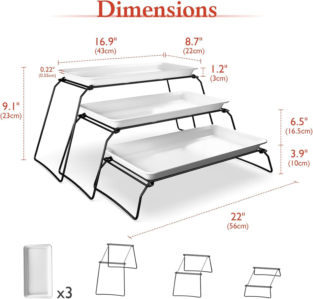 Bumusty Large 3-Tier Melamine Serving Tray Set, 17 x 8.7 in, Black Stand