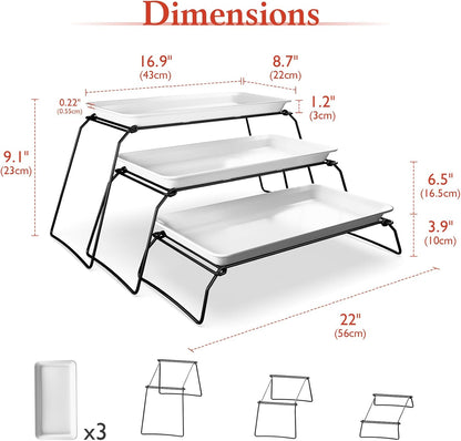 Bumusty Large 3-Tier Melamine Serving Tray Set, 17 x 8.7 in, Black Stand