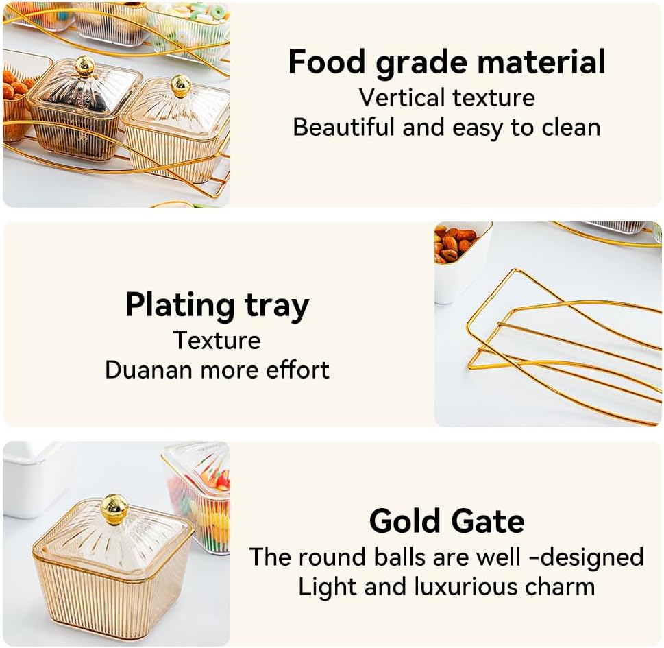 Set of 3 Clear Serving Bowls with Lid and Gold Basket Tray, Removable Nut Serving Platter Snack Box for Chips, Charcuterie, Fruits, Candy and Condiments (Amber-C Base)