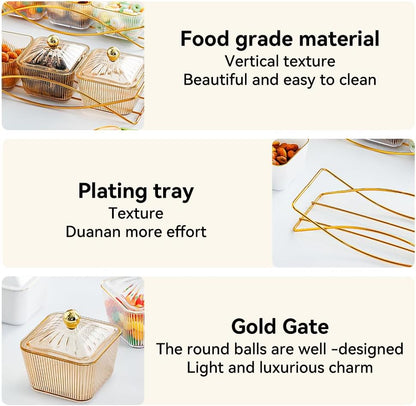 Set of 3 Clear Serving Bowls with Lid and Gold Basket Tray, Removable Nut Serving Platter Snack Box for Chips, Charcuterie, Fruits, Candy and Condiments (Amber-C Base)