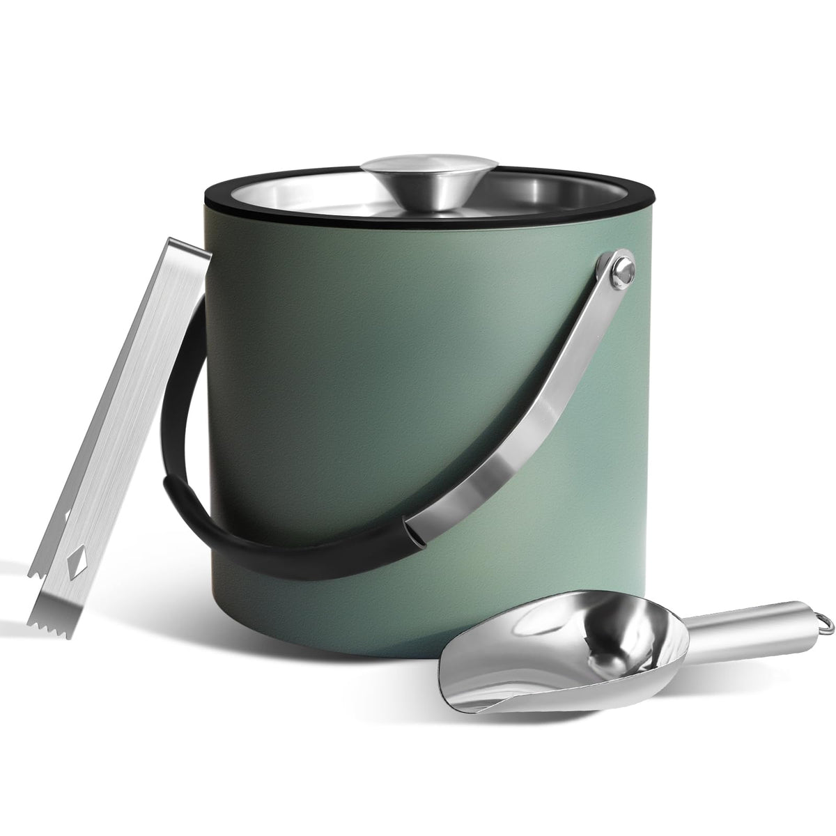 Bakpoco 3L Ice Bucket with Silicone Gold Lid, Scoop, Tongs & Strainer, Stainless Steel Double Wall Insulated Ice Buckets for Parties & Cocktail Bar, Outdoor Champagne Ice Container Bin, Black