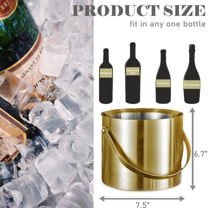 3L Gold Ice Bucket with Lid & Tong, Double Wall Wine Chiller
