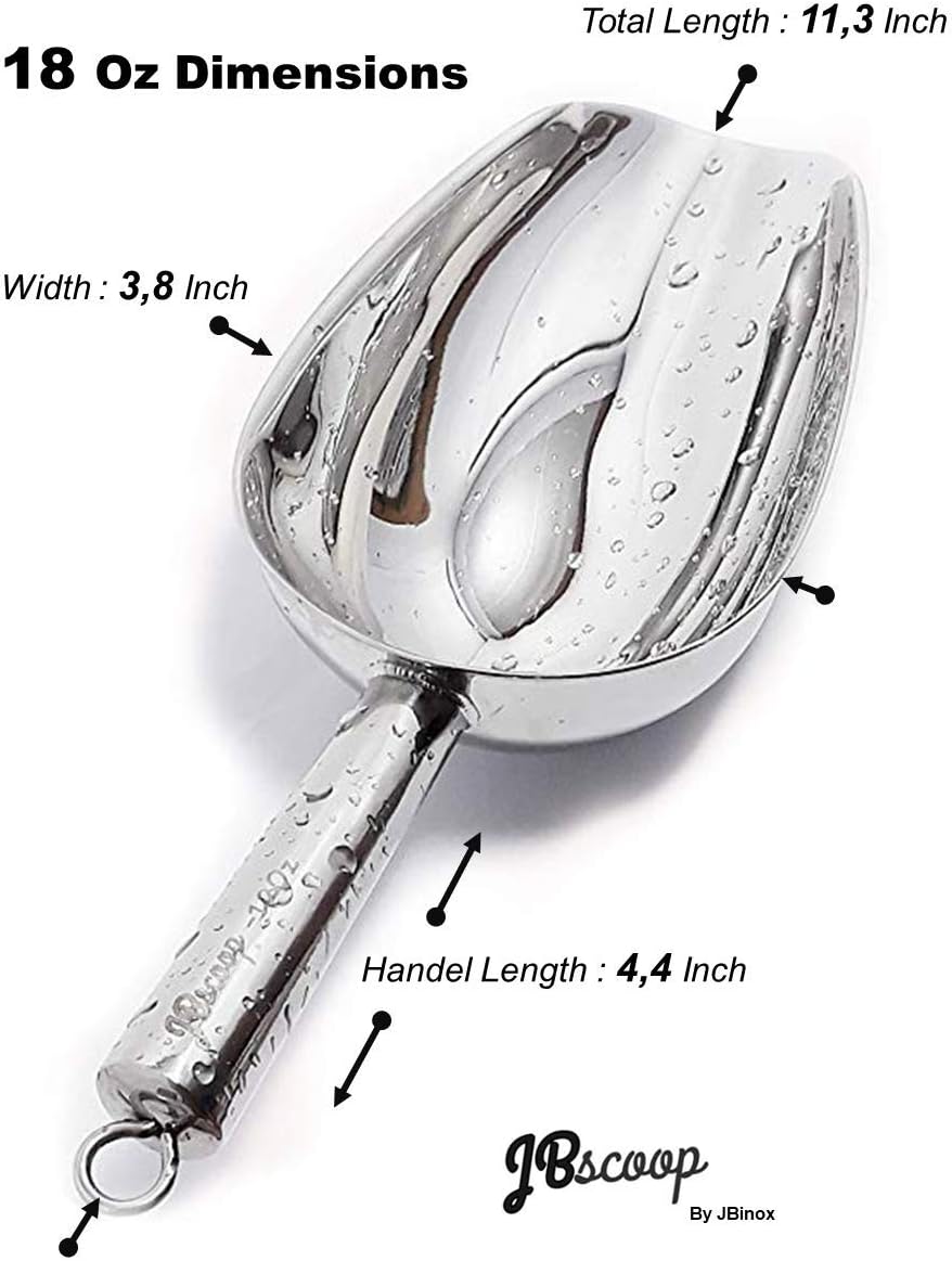 JBscoop Stainless Steel large Ice Scoop 11.3 inch, Feed Candy Popcorn Sugar Utility Scoop Easy Storage, Heavy Duty - 18 Oz