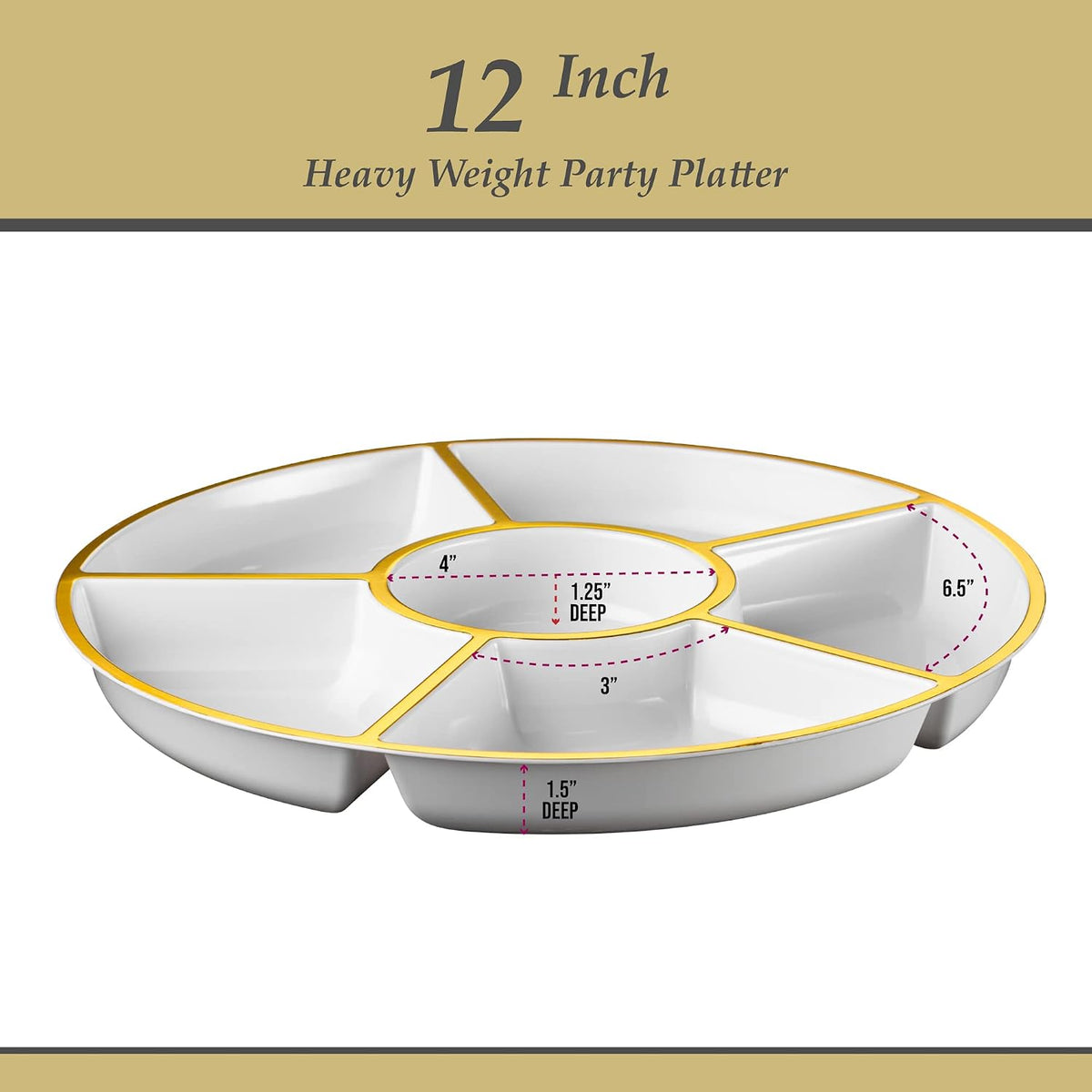 Plasticpro 6 Sectional Round Plastic Serving Tray/Platter (2, White & Gold)