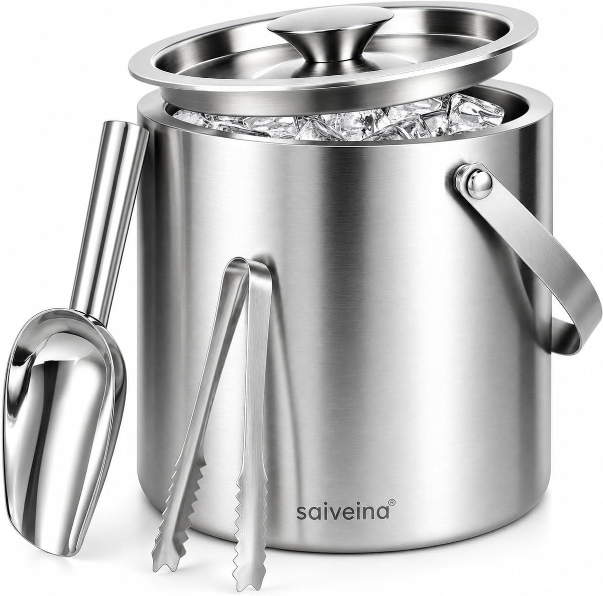 3L Double-Wall Stainless Steel Ice Bucket with Lid, Scoop, Tongs & Handle – Insulated Ice Container for Parties, Bar, and Camping – Keeps Ice Frozen Longer