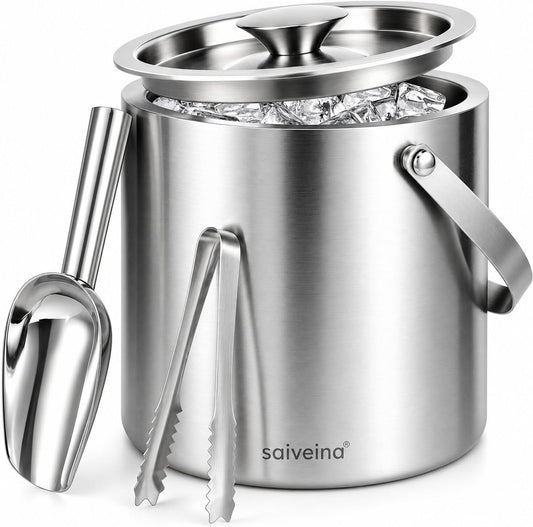 3L Double-Wall Stainless Steel Ice Bucket with Lid, Scoop, Tongs & Handle – Insulated Ice Container for Parties, Bar, and Camping – Keeps Ice Frozen Longer