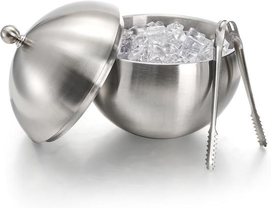 Yesland Ice Bucket with Lid, Double Insulation Ice Box Container Storage Box, 2 L Stainless Steel Ice Bucket Container with Ice Tong Scooper, Spherical Wine Champagne Barrel for Home Party Bar