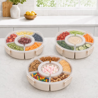 Rotating Divided Serving Tray with Lid, 6-Compartment Snackle Box