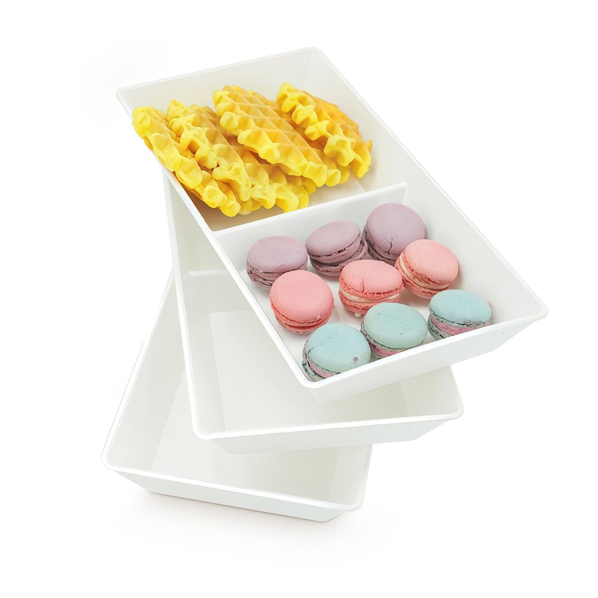 Divided Serving Tray Platter, 4 Pack 15" x 10" Fruit Veggie Food Tray for Party, Plastic Serving Trays for Appetizer, Snack, Dessert, Cookie, Brunch Decorations Platters, White Trays BPA-Free