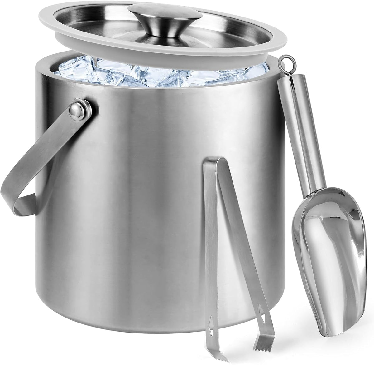 3L Double-Wall Stainless Steel Ice Bucket with Lid,Scoop,Tongs,Handle