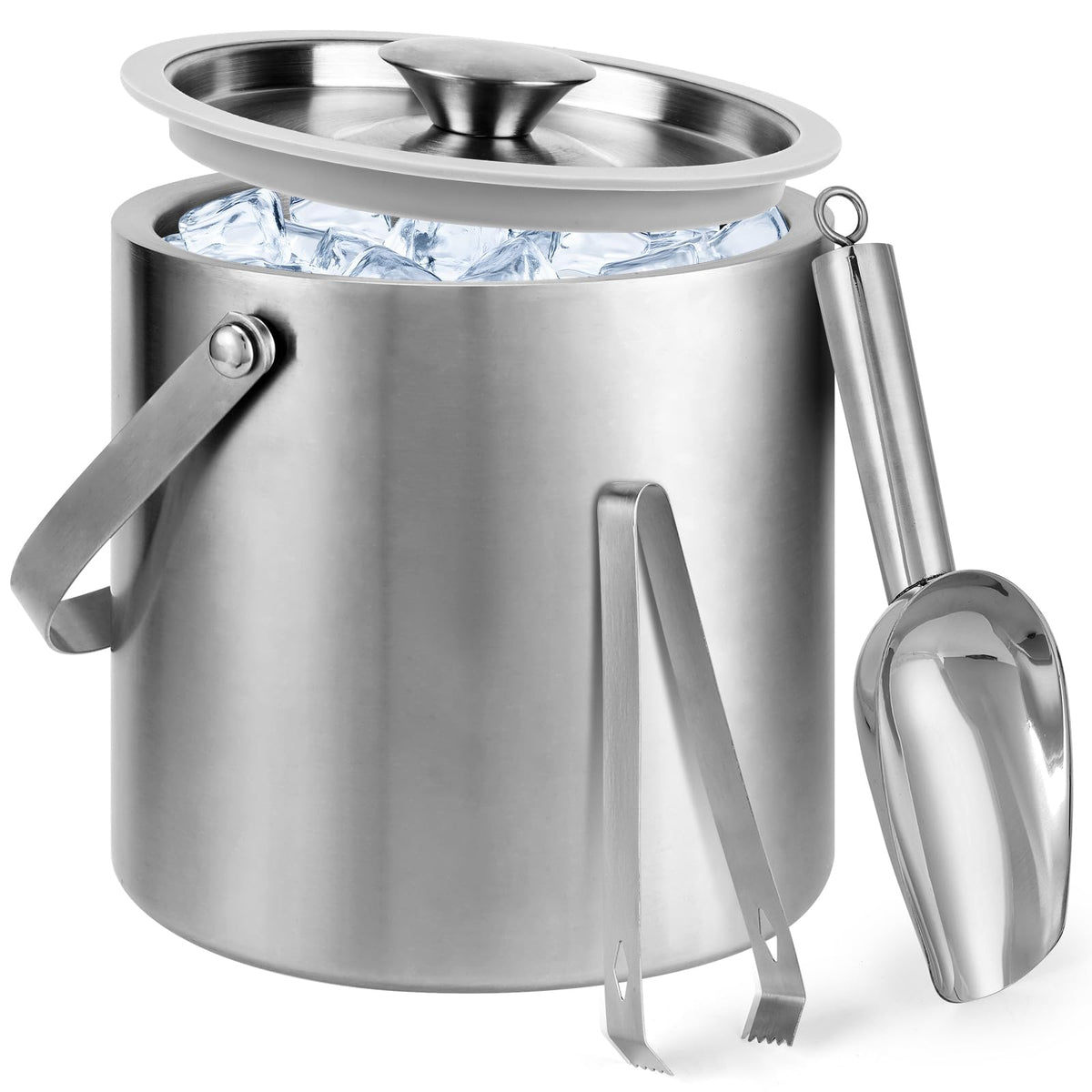 3L Double-Wall Stainless Steel Ice Bucket with Lid,Scoop,Tongs,Handle