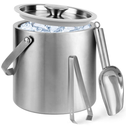 3L Double-Wall Stainless Steel Ice Bucket with Lid,Scoop,Tongs,Handle