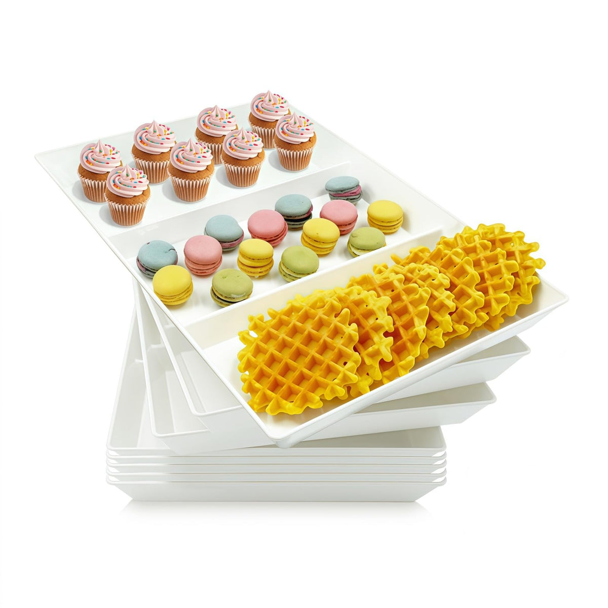 Divided Serving Tray Platter, 4 Pack 15" x 10" Fruit Veggie Food Tray for Party, Plastic Serving Trays for Appetizer, Snack, Dessert, Cookie, Brunch Decorations Platters, White Trays BPA-Free