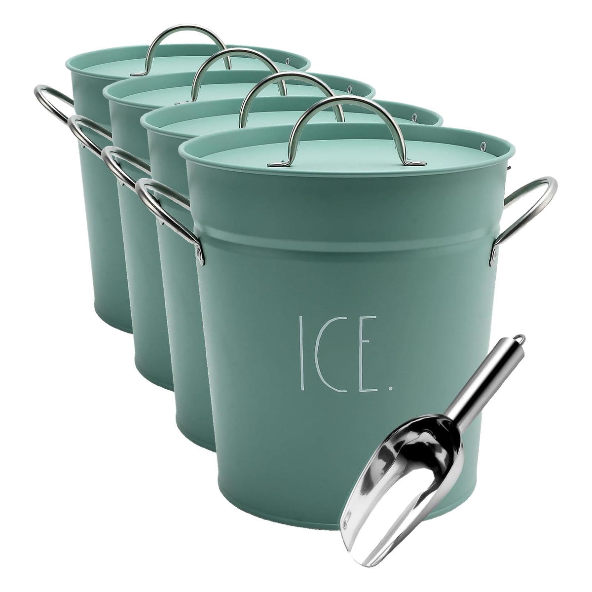 Rae Dunn Ice Bucket with Scoop - Stainless Steel Bucket with Handle, Lid and Ice Scooper - 4 Qt. Storage Bin for Ice Cubes for Bars, Parties, Backyard Barbeques, Picnics, and Camping (Sage)