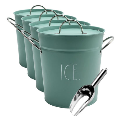 Rae Dunn Ice Bucket with Scoop - Stainless Steel Bucket with Handle, Lid and Ice Scooper - 4 Qt. Storage Bin for Ice Cubes for Bars, Parties, Backyard Barbeques, Picnics, and Camping (Sage)