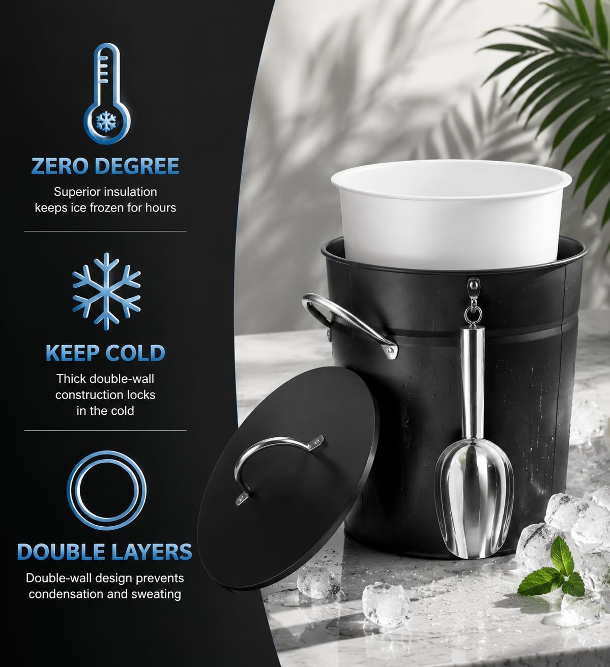 3 Qt Black Galvanized Ice Bucket with Lid, Scoop and Handles, Insulated
