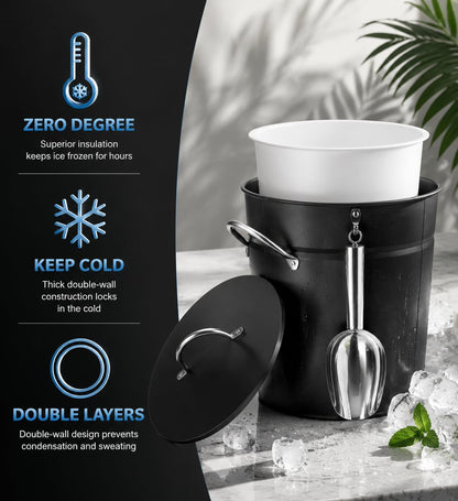 3 Qt Black Galvanized Ice Bucket with Lid, Scoop and Handles, Insulated