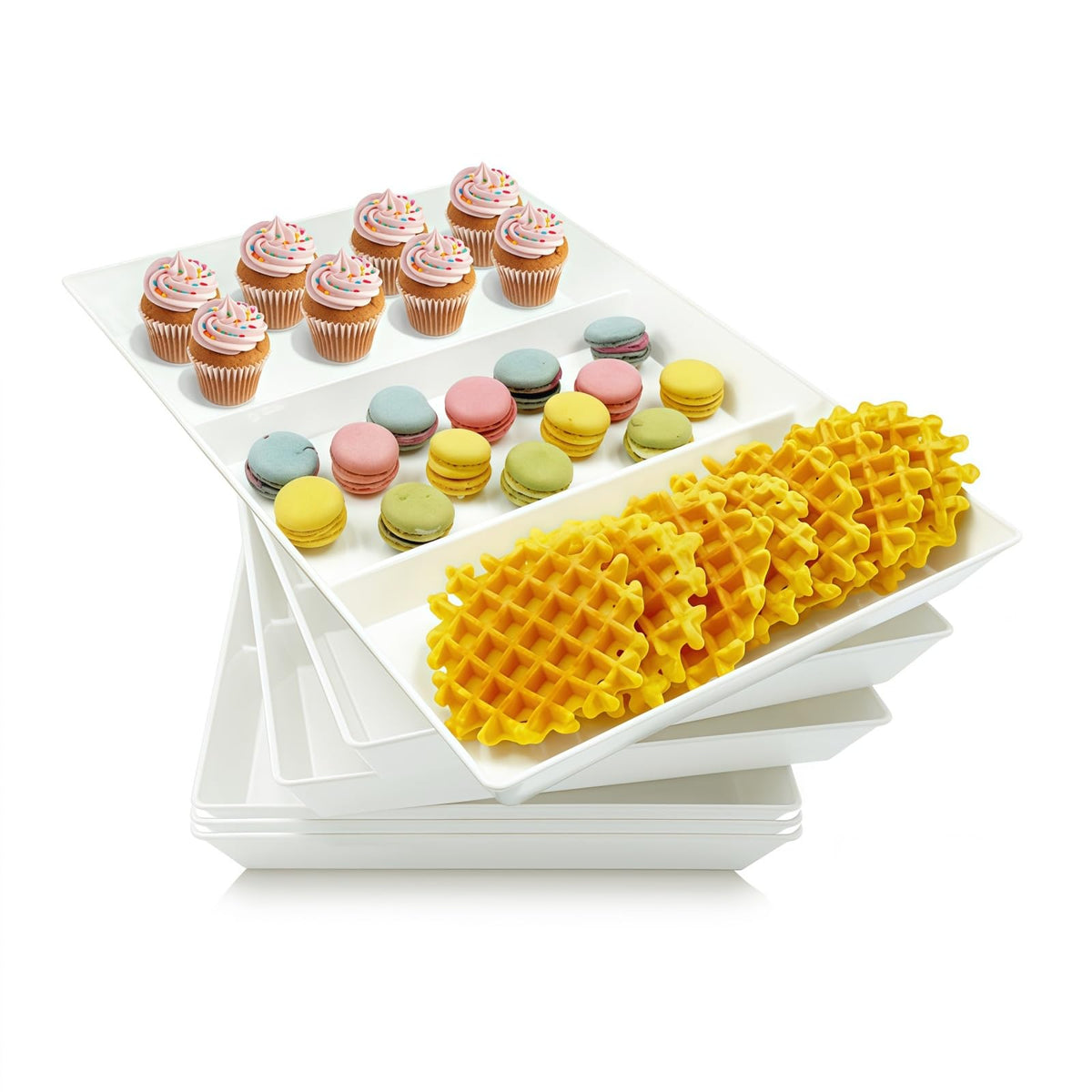 Divided Serving Tray Platter, 4 Pack 15" x 10" Fruit Veggie Food Tray for Party, Plastic Serving Trays for Appetizer, Snack, Dessert, Cookie, Brunch Decorations Platters, White Trays BPA-Free